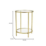 Round Accent Side Table Gold Metal Glass Top Bottom Shelf End Table