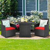 3-Piece Patio Furniture Outdoor Dining Set in Brown PE Rattan with Red Cushions