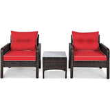 3-Piece Brown PE Rattan Outdoor Dining Patio Furniture Set with Red Cushions