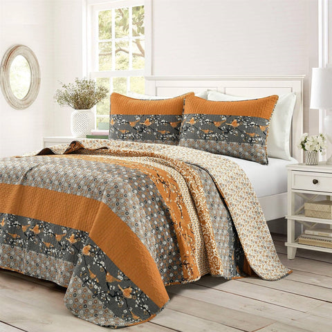 Full/Queen Orange Grey Boho Floral Birds Reversible Lightweight Quilt Set