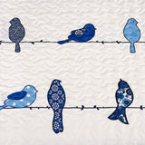 Full/Queen Blue White Navy Floral Birds On Wire Lightweight 7 Piece Quilt Set