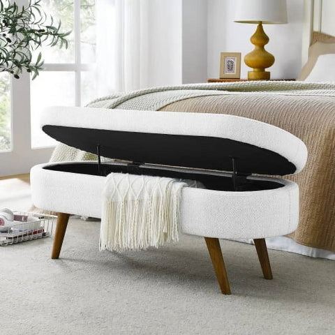 Mid-Century Modern Boho Style White Linen End of Bed Storage Bench