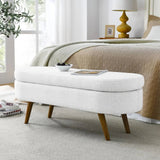 Mid-Century Modern Boho Style White Linen End of Bed Storage Bench