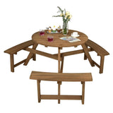 Outdoor Solid Wood Round Picnic Table Set with Umbrella Hole and 3 Benches