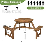 Outdoor Solid Wood Round Picnic Table Set with Umbrella Hole and 3 Benches