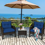 3-Piece Brown PE Rattan Outdoor Dining Patio Furniture Set with Blue Cushions