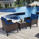 3-Piece Brown PE Rattan Outdoor Dining Patio Furniture Set with Blue Cushions