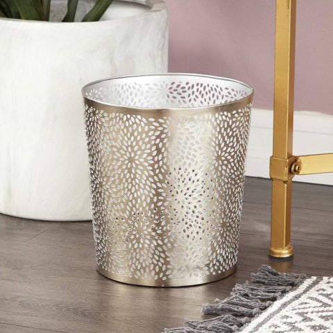 1.3 Gallon Metal Floral Pattern Trash Can Waste Basket in Silver