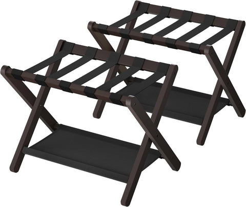 Set of 2 - Sturdy Bamboo Luggage Rack in Brown Wood Finish with Bottom Shelf