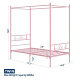 Twin size French Country Style Four Poster Metal Canopy Bed in Pink Finish