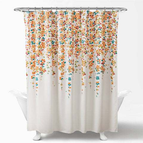 72-inch White Turquoise Blue Orange Floral Flowers Shower Curtain