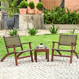 Solid Wood and Rattan 3-Piece Outdoor Patio Furniture Table Chairs Set