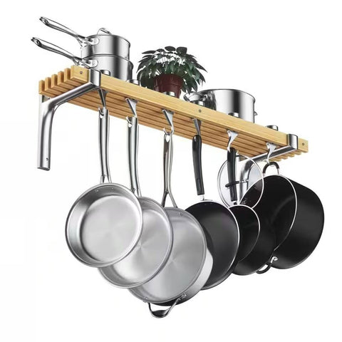 36-inch x 8-inch Wall Mounted Metal Wood Pot Rack with 6 Swivel Hooks