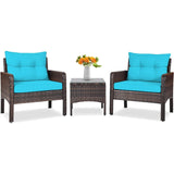 3-Piece Brown PE Rattan Outdoor Patio Furniture Dining Set w/ Turquoise Cushions