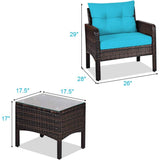 3-Piece Brown PE Rattan Outdoor Patio Furniture Dining Set w/ Turquoise Cushions