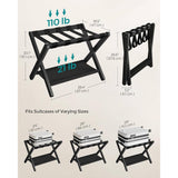 Set of 2 - Sturdy Bamboo Luggage Rack in Black Wood Finish with Lower Storage Shelf