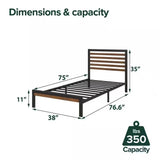 Twin Student Dorm Black Metal Platform Bed Frame with Brown Wood Slat Headboard