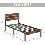 Twin size Modern Farmhouse Metal Platform Bed Frame with Brown Wood Headboard