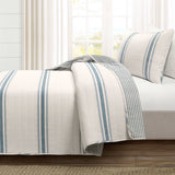 Twin/Twin XL Blue Off-White Stripe 2 Piece Reversible Cotton Quilt Set