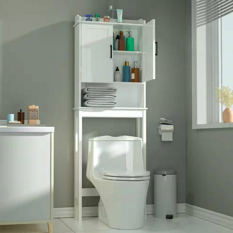 Over the Toilet Bathroom Storage Cabinet Shelving Unit in White Wood Finish