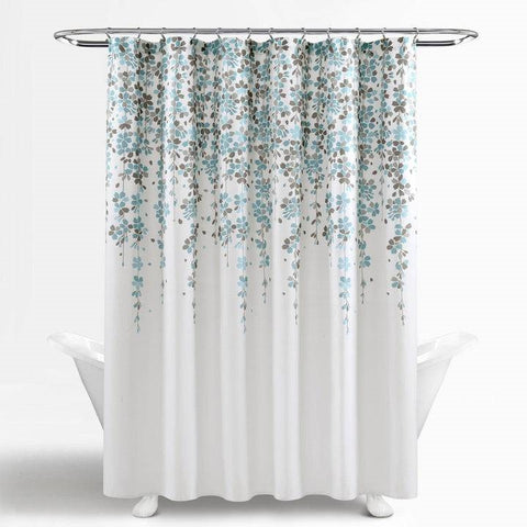 72-inch White Blue Grey Floral Flowers Shower Curtain