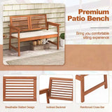 Solid Wood Outdoor Patio Garden Bench w/ Slatted Back Armrests and Seat Cushion