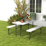 Folding White HDPE Picnic Table with 2 Benches Outdoor Patio Furniture Set