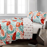 Full/Queen Red Poppy Flower White Teal Lightweight 3 Piece Cotton Quilt Set