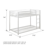 Twin over Twin size Modern Low Height White Metal Bunk Bed