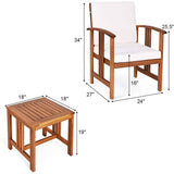 3-Piece Solid Wood Outdoor Patio Furniture Table Chairs Set with White Cushions