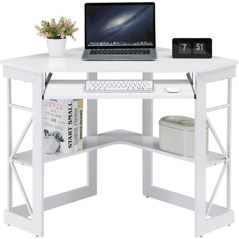 Corner Computer Desk with Keyboard Tray Storage Shelves in White