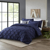 King Size All Season Pleated Hypoallergenic Microfiber Reversible 3 Piece Comforter Set in Navy