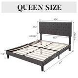 Queen Size Adjustable Height Grey Linen Upholstered Platform Bed with Headboard