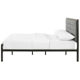 Full Metal Platform Bed with Grey Upholstered Button Tufted Fabric Headboard