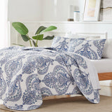 Full/Queen Size Soft Microfiber Reversible Blue/White Baroque Design Quilt Set