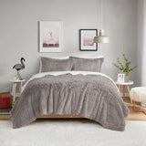 Full/Queen size Grey Reversible Soft Sherpa Faux Fur 3-Piece Comforter Set