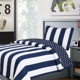 Full/Queen 3 Piece Navy Blue White Stars Stripes 100-Percent Cotton Quilt Set