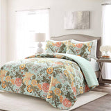 Full/Queen 3 Piece Farmhouse Teal Blue Floral Cotton Reversible Quilt Set