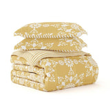 Full/Queen size 3-Piece Yellow White Reversible Floral Striped Comforter Set