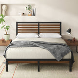 Queen Metal Platform Bed Frame with Bamboo Wood Slat Headboard and Footboard