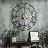 36-inch Metal Silent Wall Clock with Roman Numerals and Wooden Center