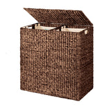 Espresso 2-Bin Handwoven Hyacinth Linen Liner Laundry Hamper w/ Handles