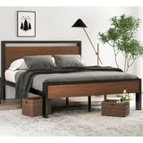 Queen Metal Platform Bed with Walnut Finish Wood Panel Headboard Footboard