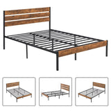 Queen Industrial Platform Bed Frame with Brown Wood Slatted Headboard Footboard