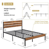 Queen Industrial Platform Bed Frame with Brown Wood Slatted Headboard Footboard