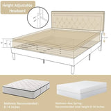 Queen Adjustable Height Platform Bed Frame with Beige Upholstered Headboard