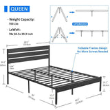 Queen size Industrial Platform Bed Frame with Wood Slatted Headboard in Black