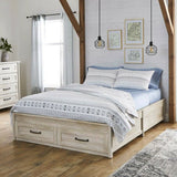 Queen Farmhome Platform Bed with Storage Drawers in Off-White Wood Finish