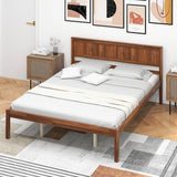 Queen Size Retro Wood Platform Bed Frame with Headboard in Walnut