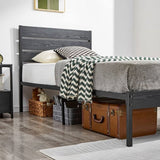 Twin size Industrial Platform Bed Frame with Wood Slatted Headboard in Black